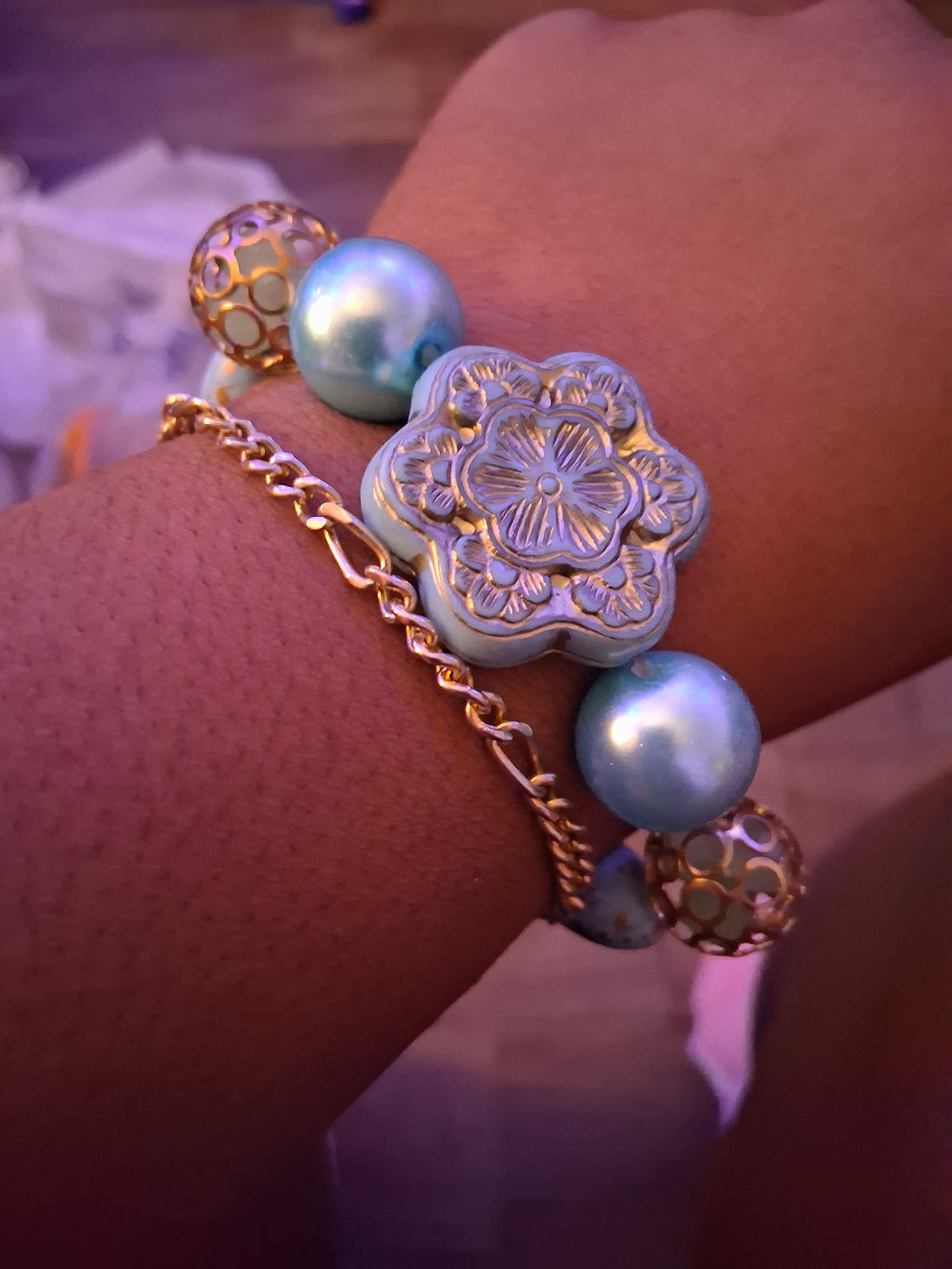 Blue Pearl & Filigree Flower Bracelet